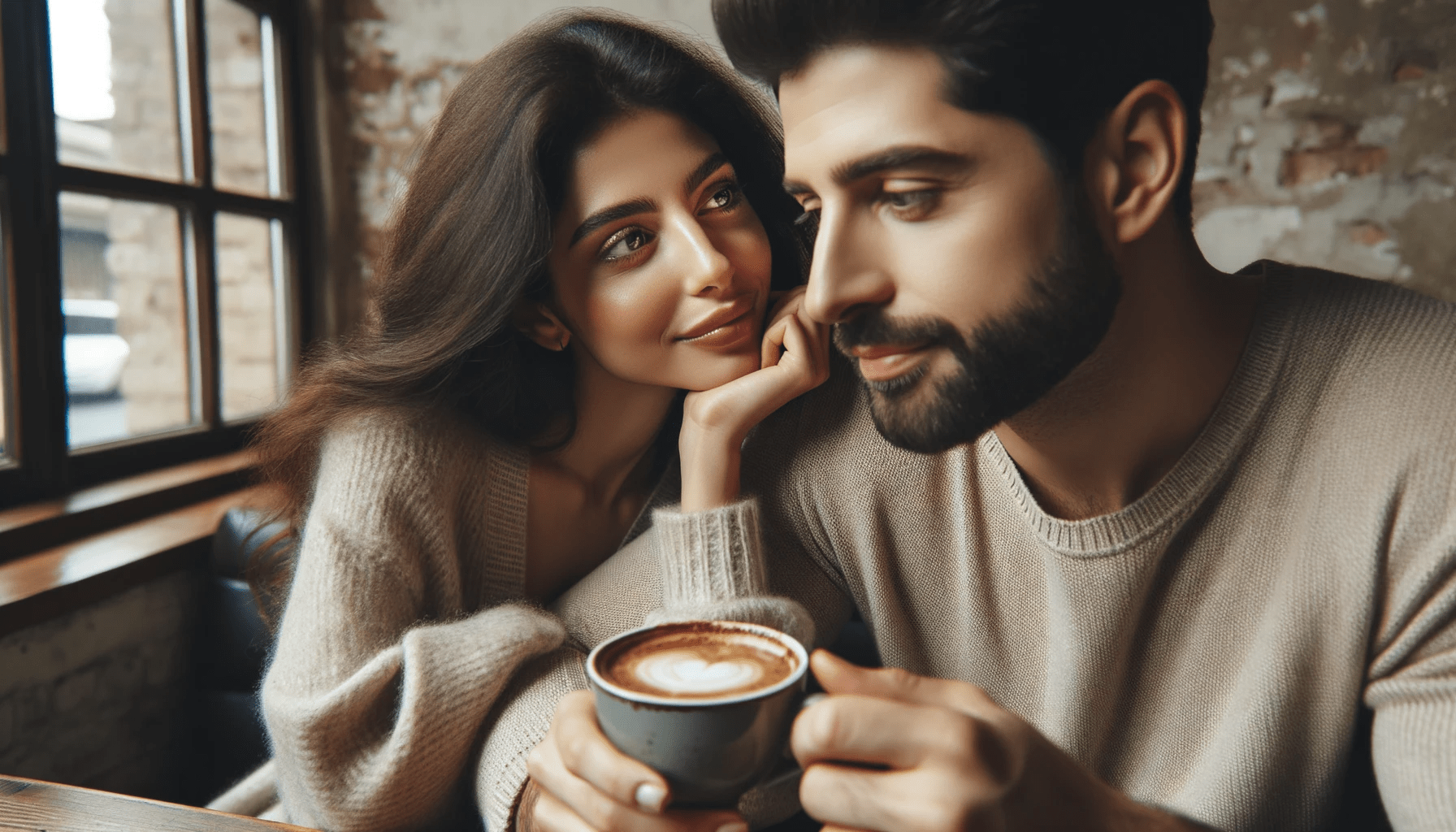 Photo in a cozy cafe setting. A couple sits side by side the woman of Middle Eastern descent tenderly looks at the man her eyes filled with genuine