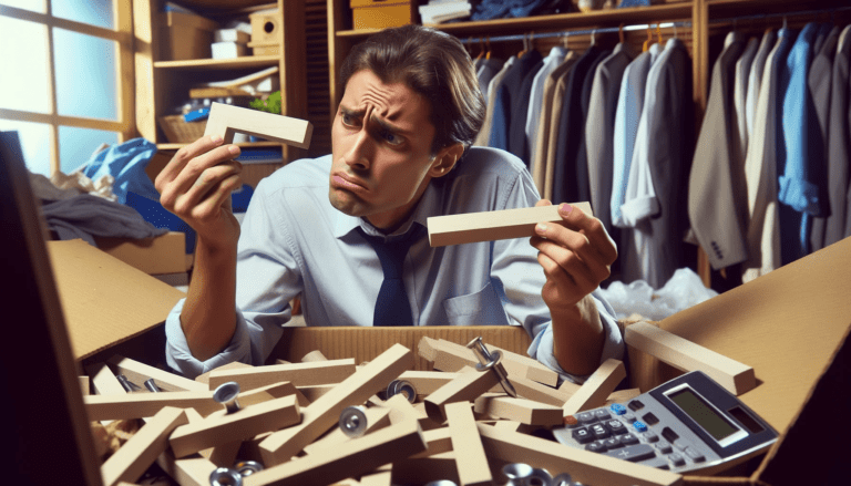 Photo of a person in a cluttered room looking confused as they try to fit a square peg into a round hole symbolizing a lack of understanding or comm