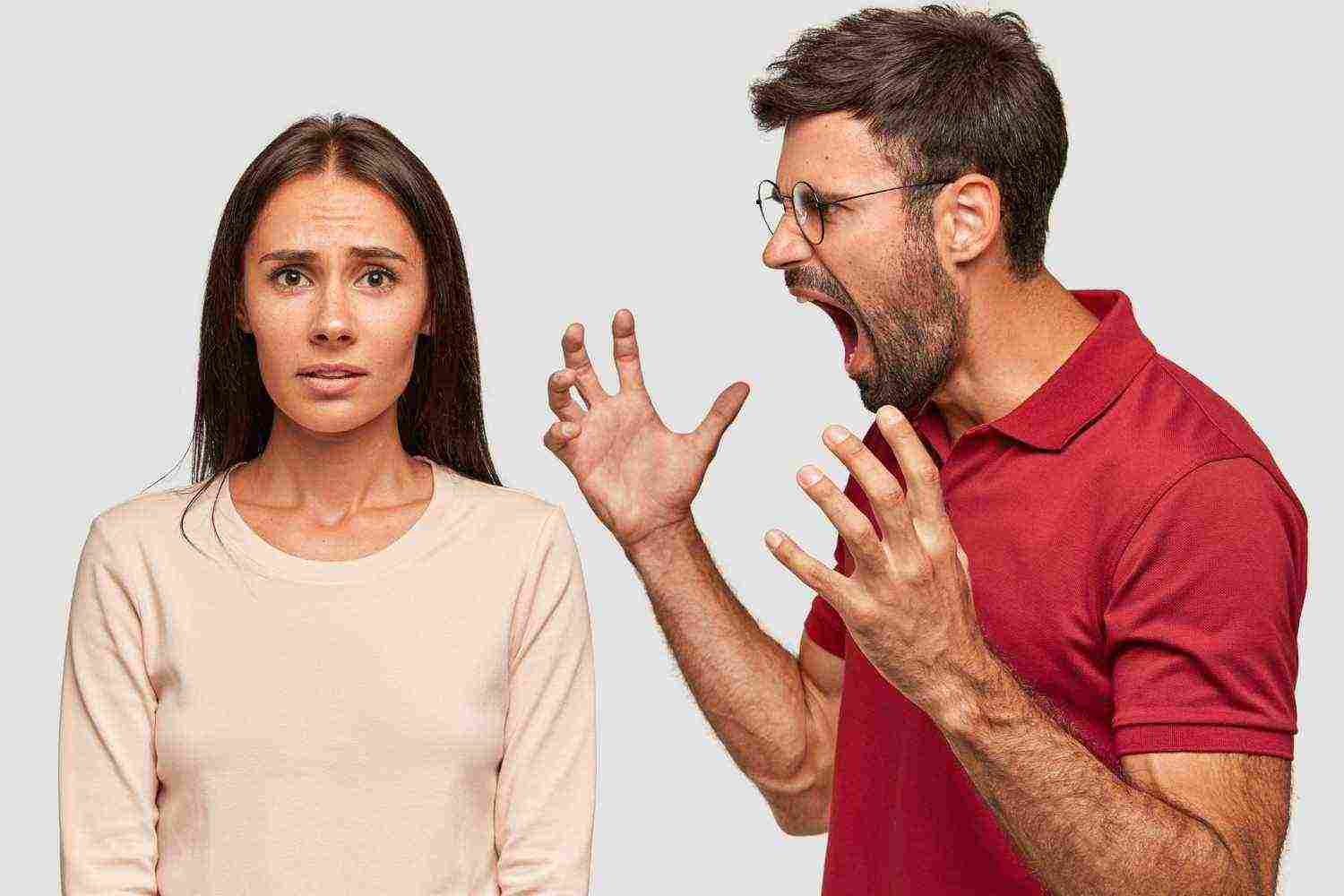furious bearded guy screams gestures angrily yells woman have dispute pose together