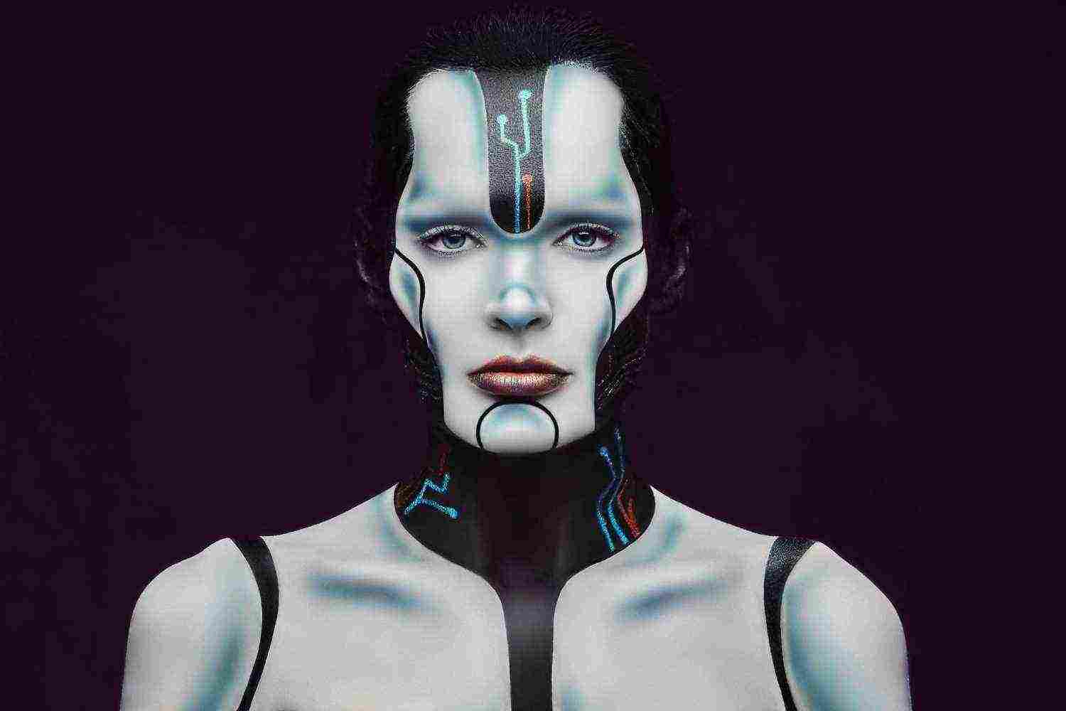 close up portrait cyber woman with creative make up posing dark textured background technology future concept