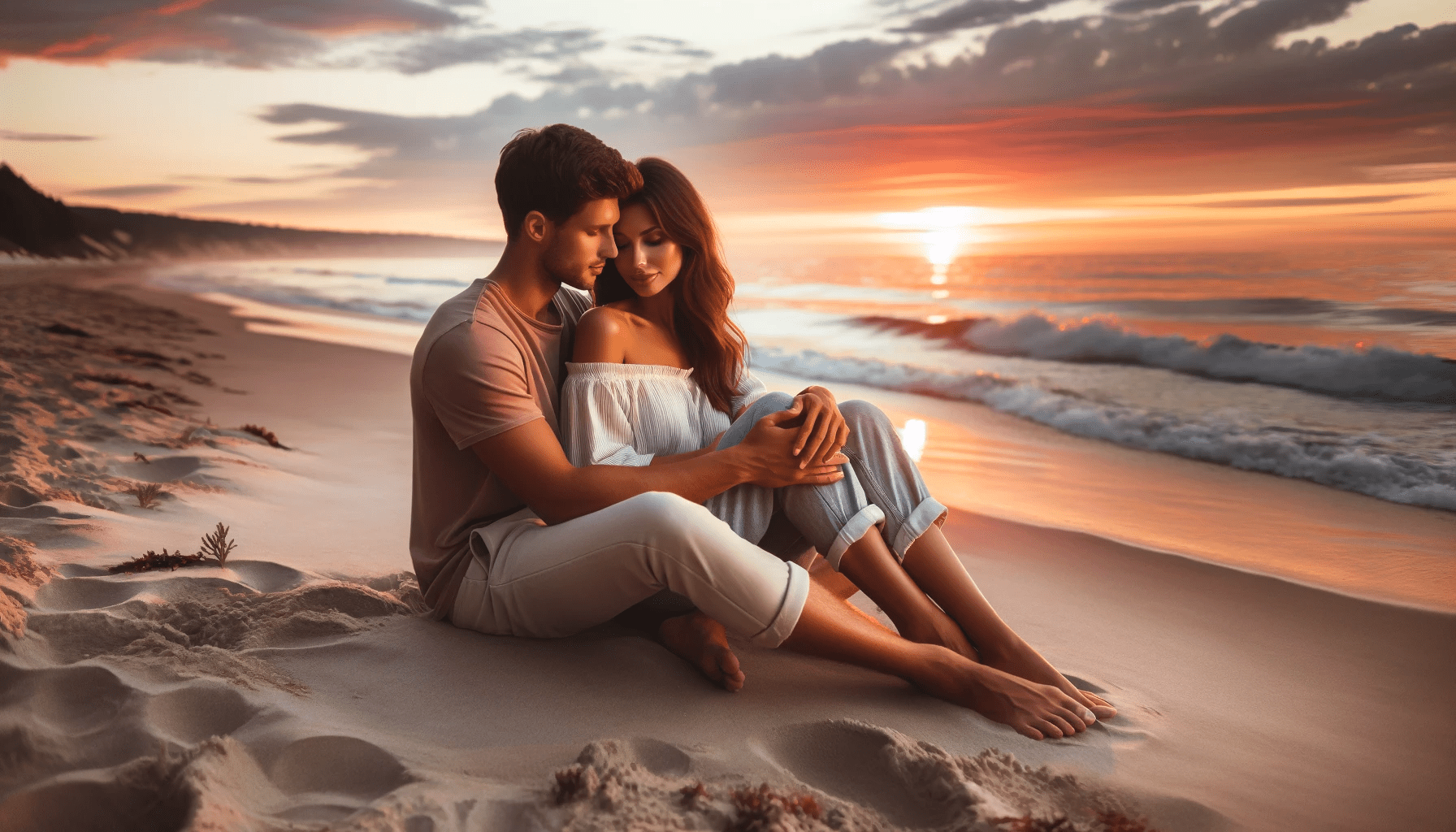 couple in love sharing a cozy moment on a beach at sunset. They are sitting closely together on the sand watching the sun go dow