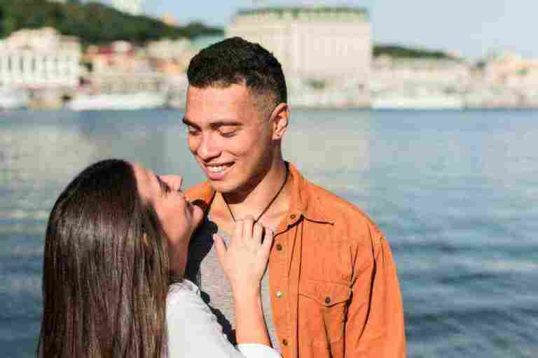 loving couple spending time together beach with copy space