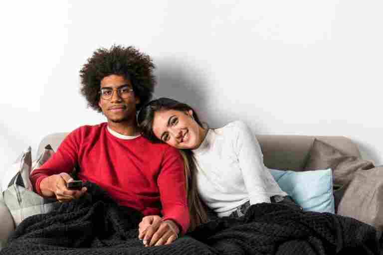 portrait interracial couple home