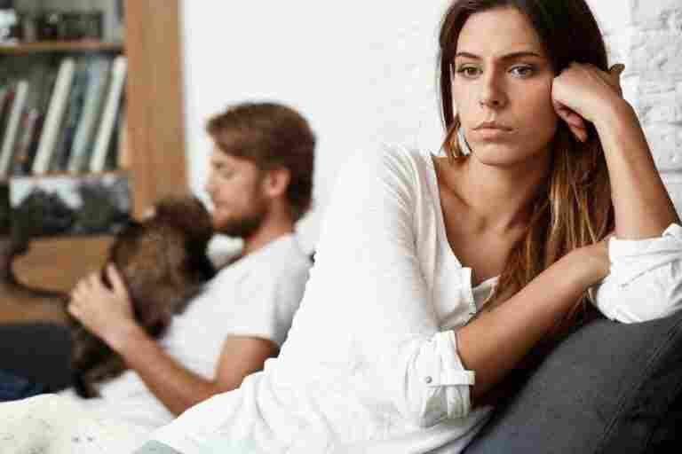 dissapointed beautiful brunette girl quarrel with her boyfriend