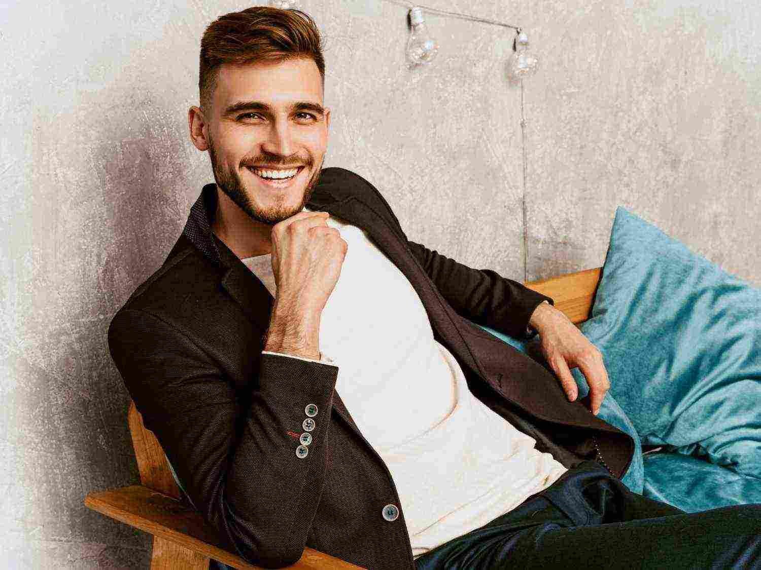 portrait handsome hipster businessman model wearing casual black suit