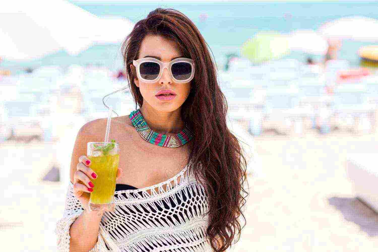 summer portrait beautiful brunette woman chilling beach club tropical acsessories