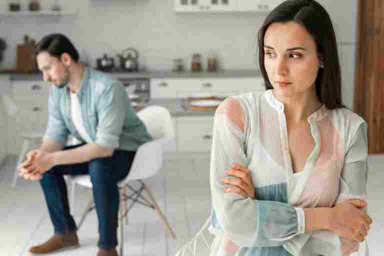 adult woman male thinking step