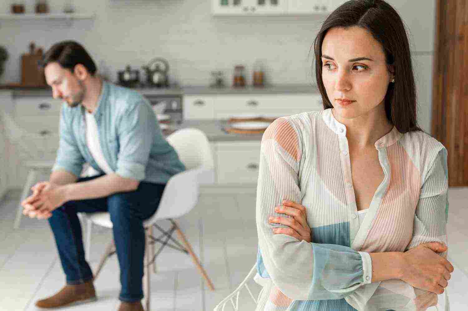 adult woman male thinking step