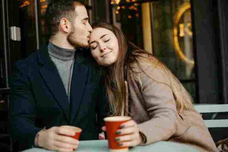 happy couple outdoor cafe autumn day