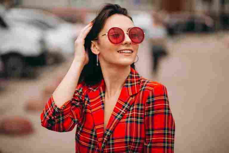 portrait happy woman red jacket