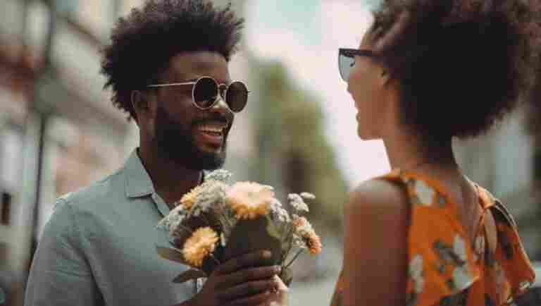 man gives girl flowers created with generative ai technology