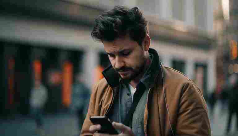 man looking his phone while wearing brown jacket