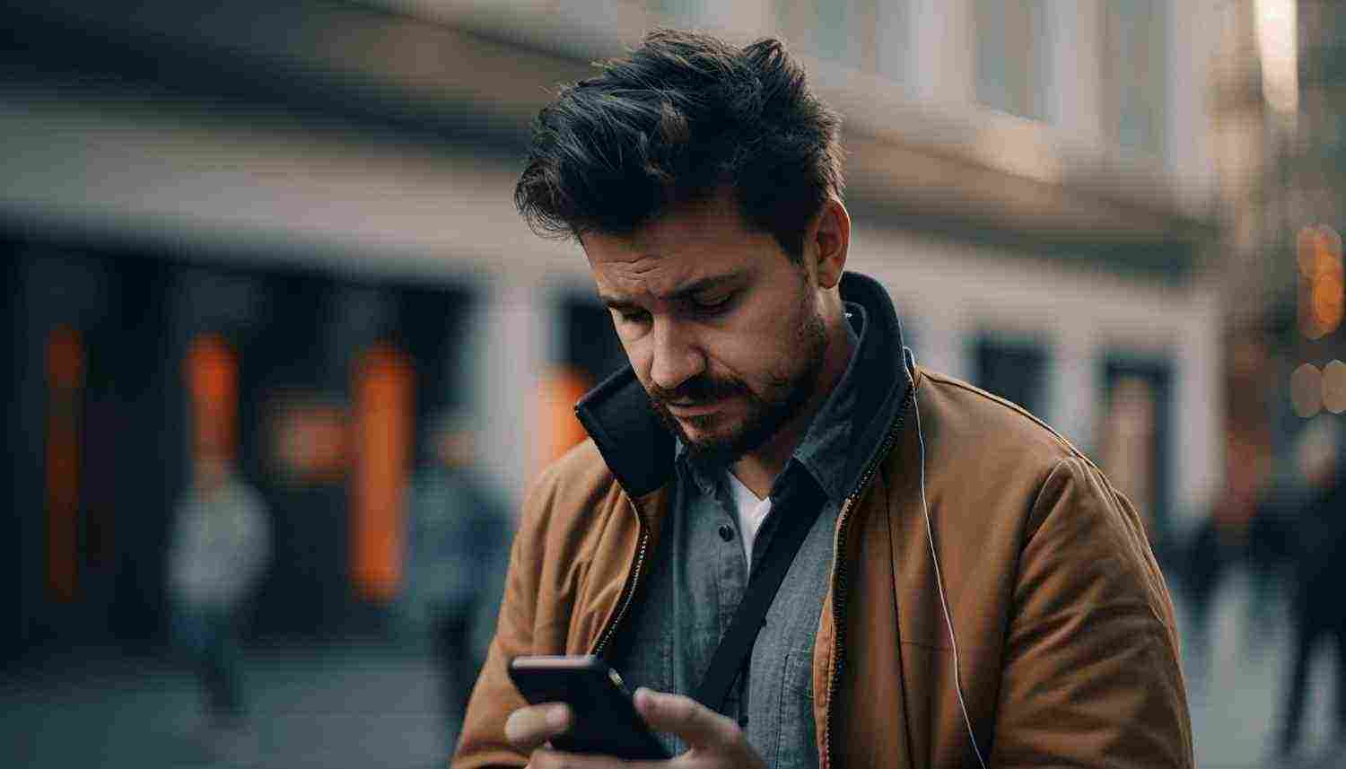 man looking his phone while wearing brown jacket