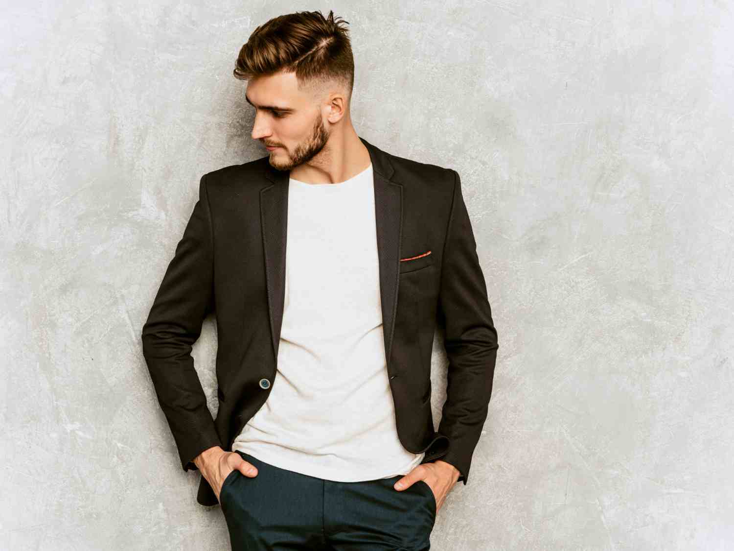 portrait handsome hipster businessman model wearing casual black suit1