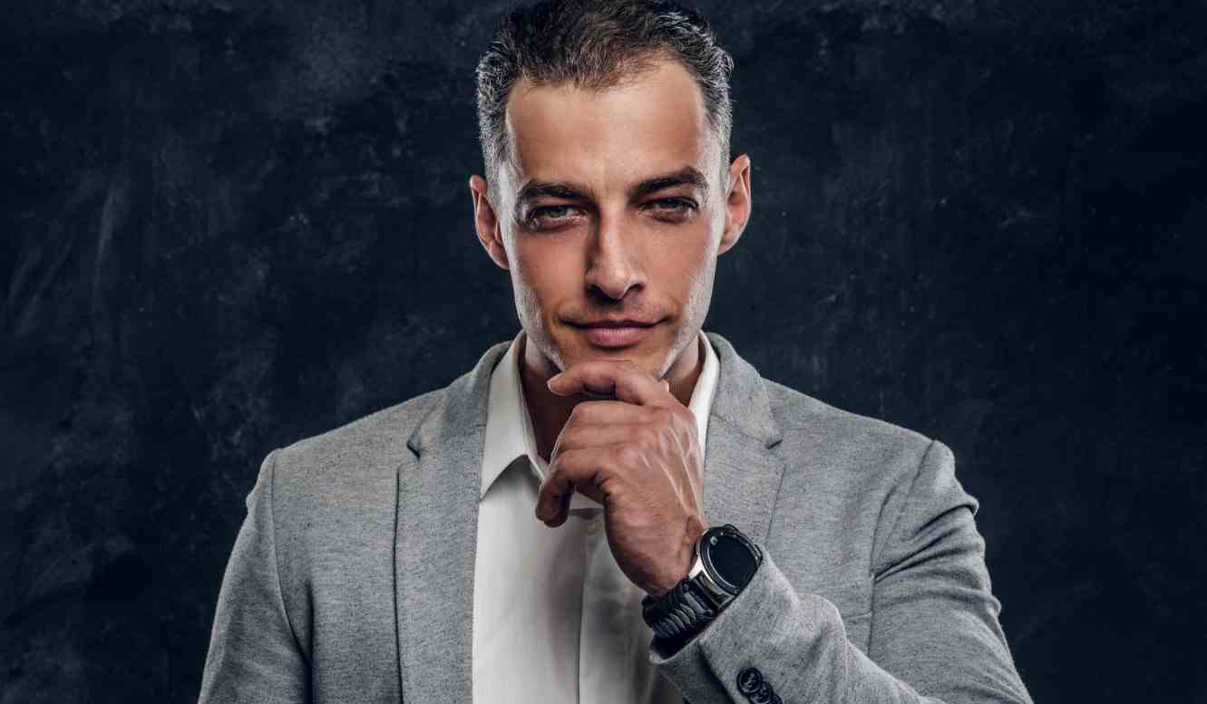 portrait handsome intellegent man suit white shirt dark photo studio