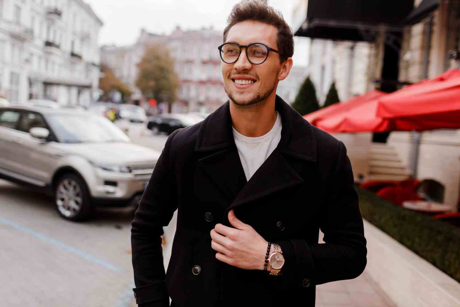 young man glasses wearing autumn clothes walking street stylish guy with modern hairstyle urban street