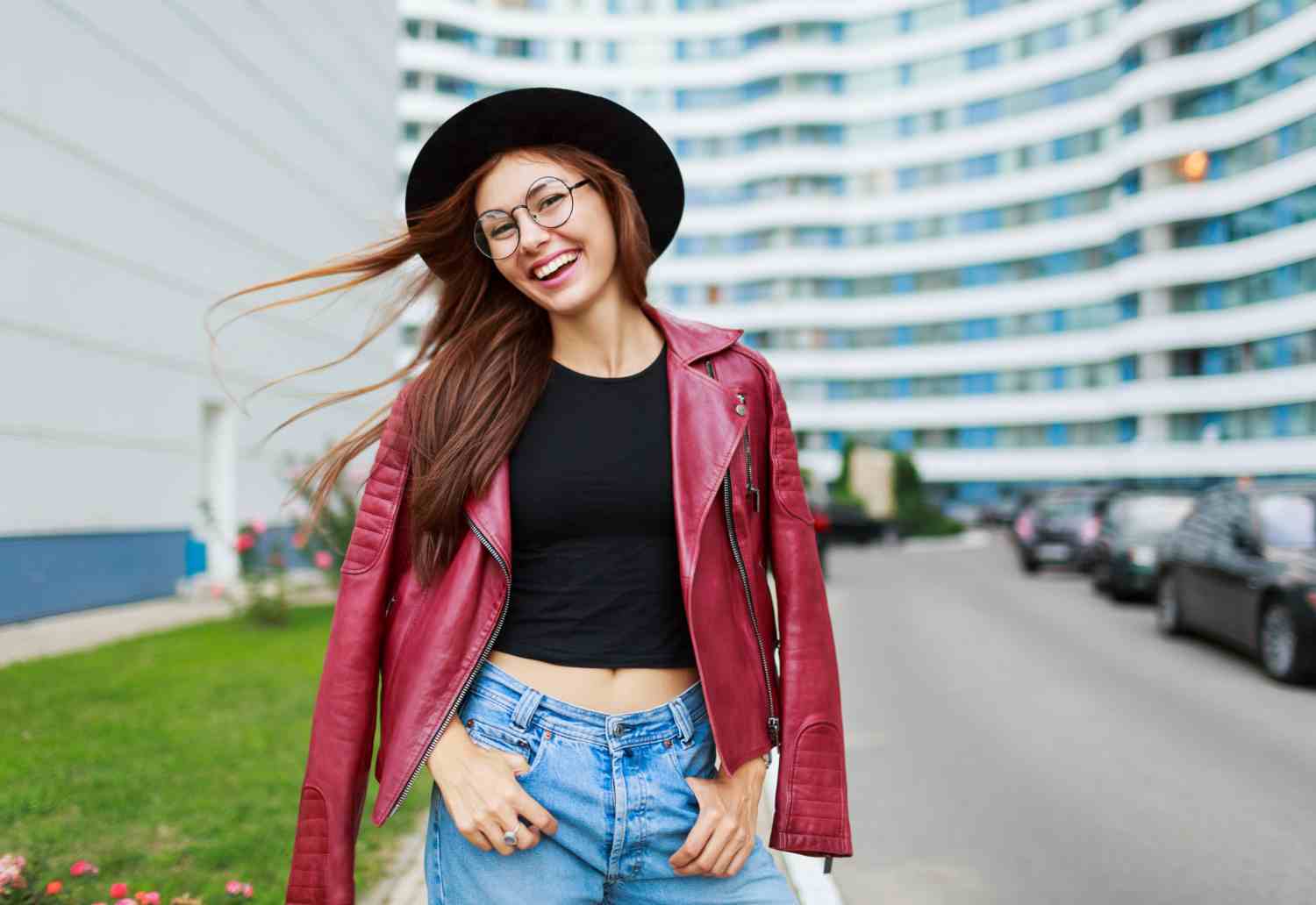 lovely girl with candid smile posing street