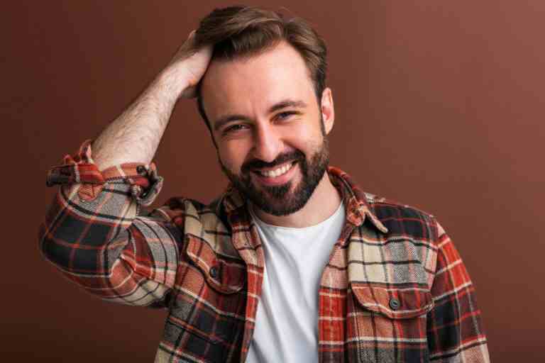 portrait sexy goodlooking attractive stylish bearded man brown