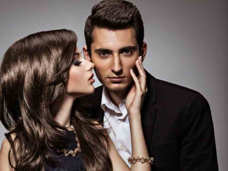 studio portrait young beautiful flirting couple love