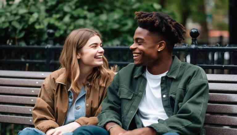 young couple enjoying nature laughing bench generated by ai