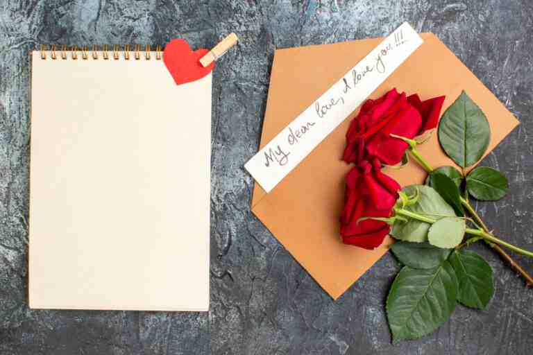 top view red roses envelope with love letter spiral notebook icy dark background
