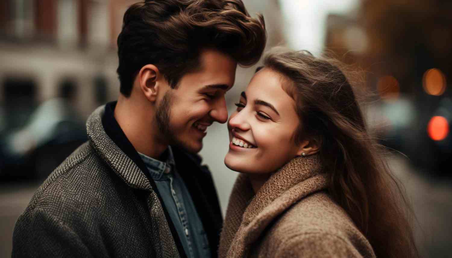 young couple smiling embracing enjoying city life generated by ai