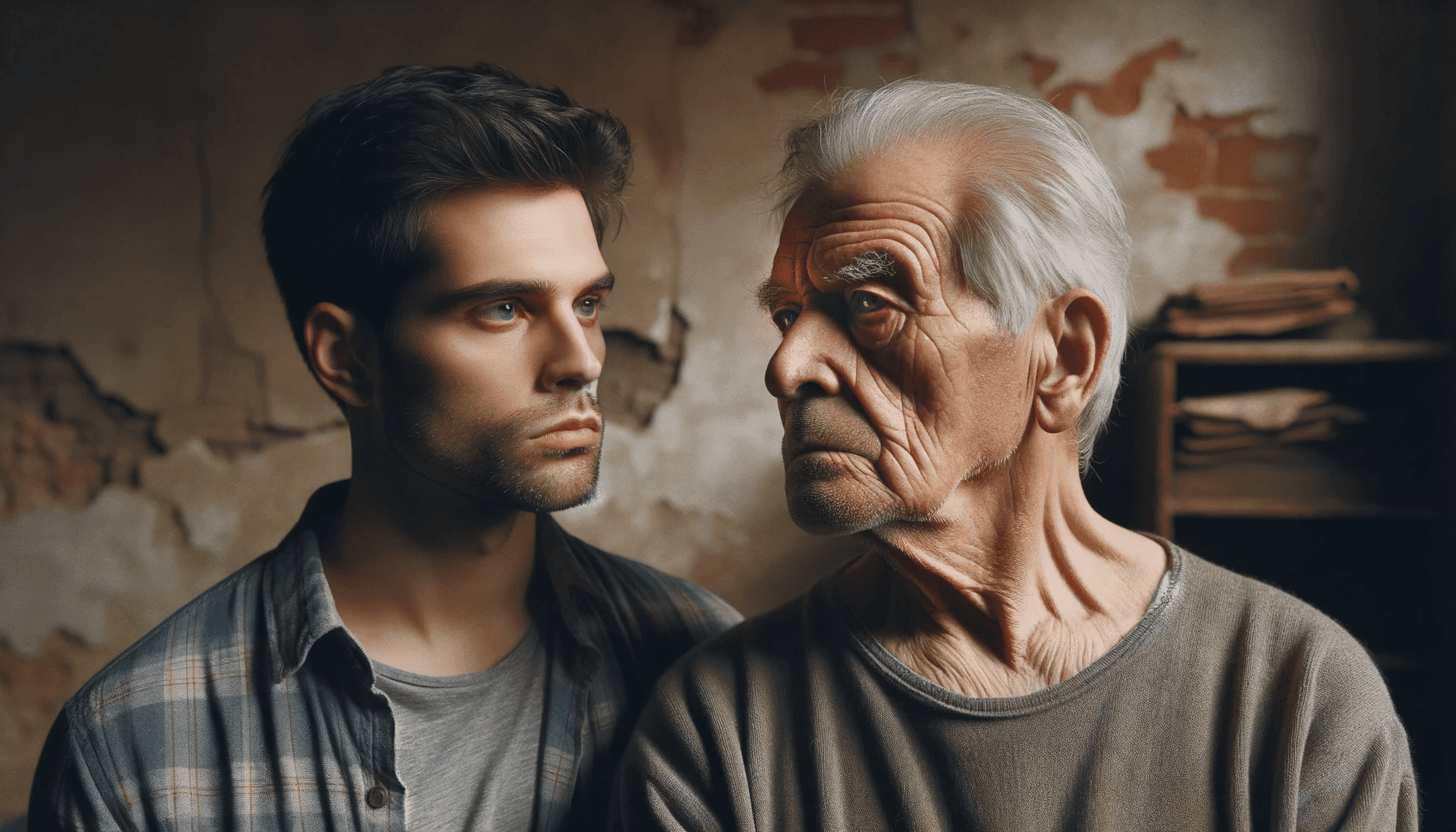 A father and his adult son of Hispanic descent in an old rustic room. The father elderly with deep wrinkles and the son in his late 40s w