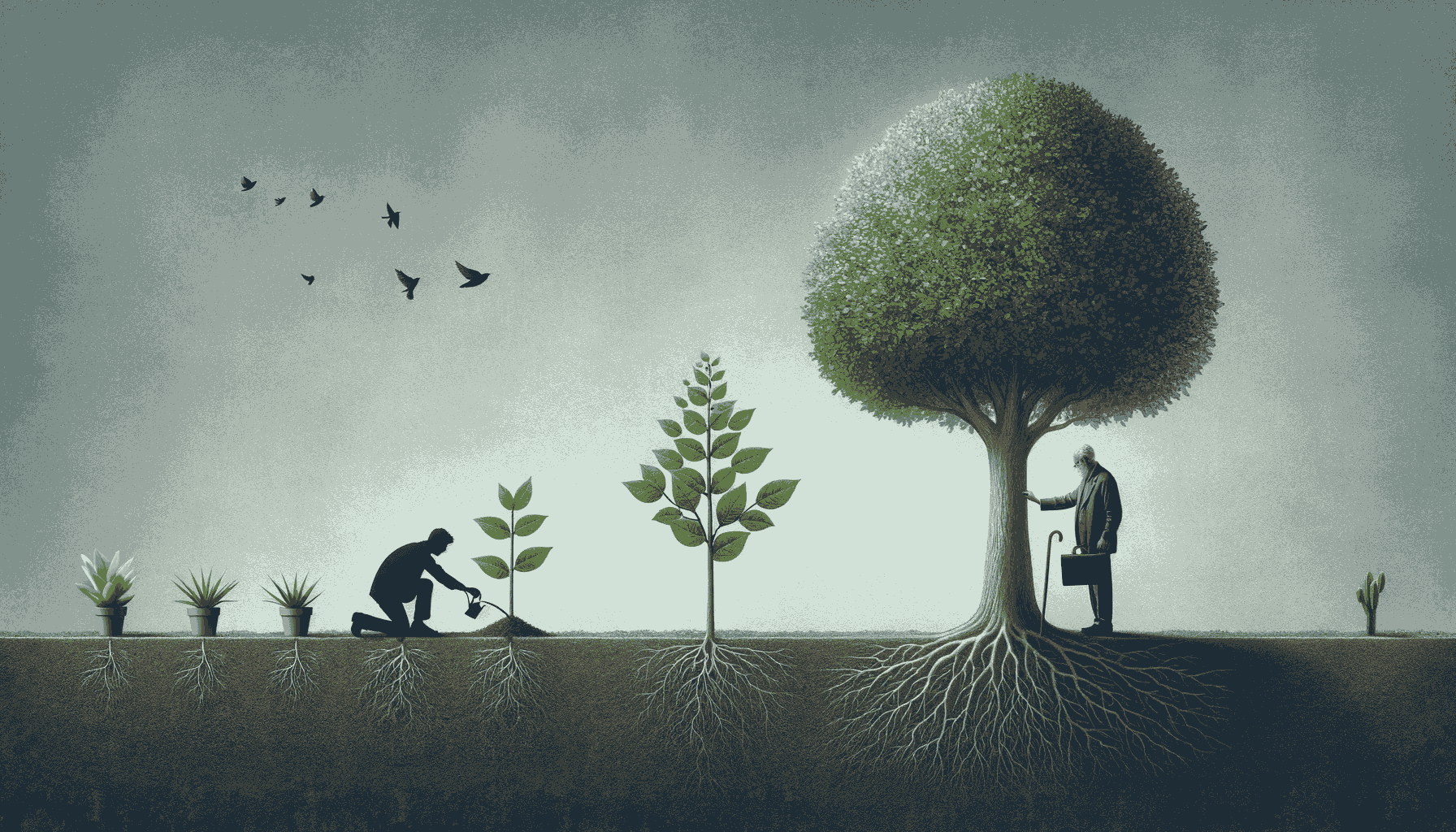 A person planting a tree nurturing it and then standing next to a fully grown tree representing the concept of patience growth