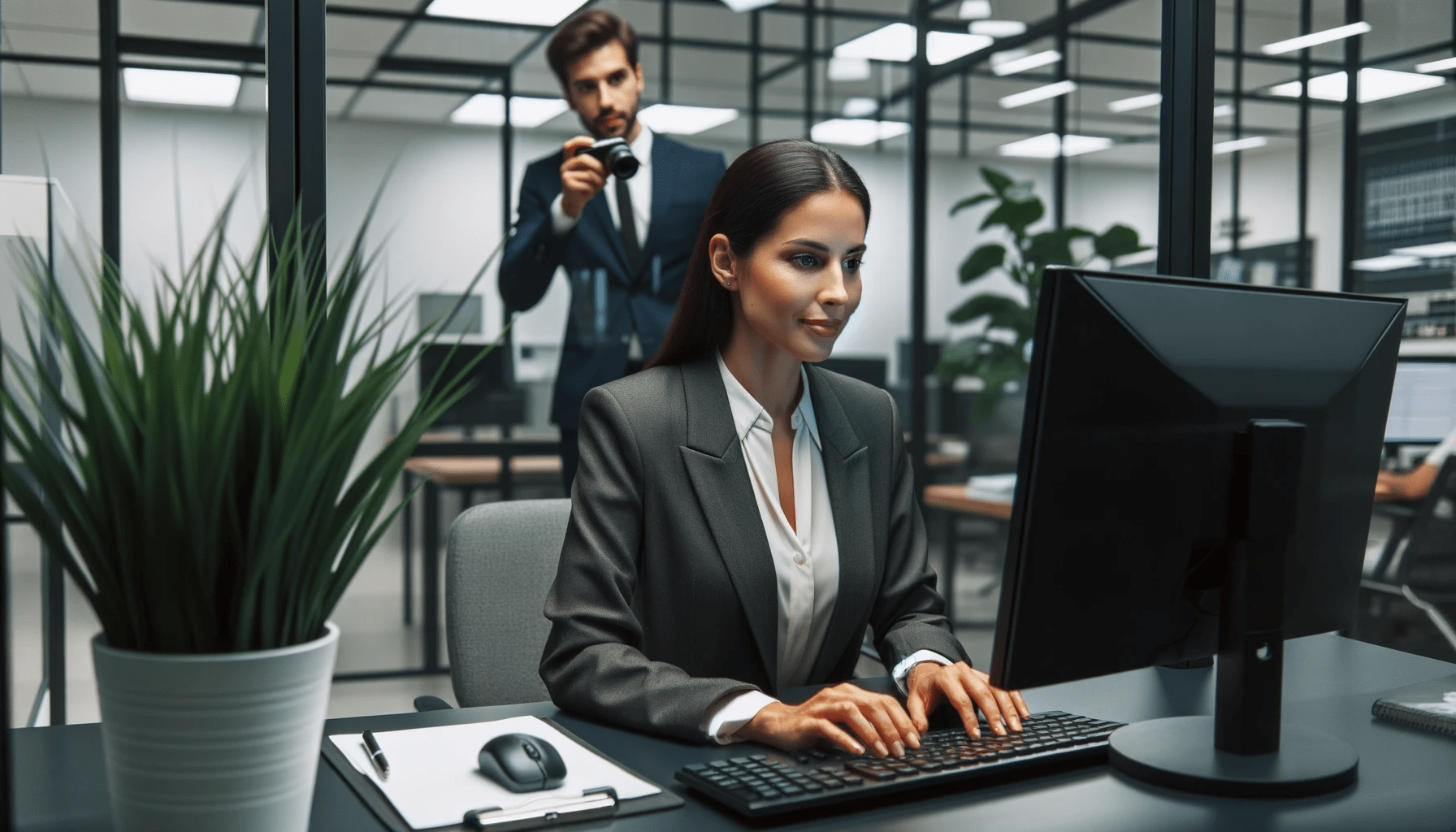 A sleek modern office with glass walls. A Latina female in a business suit is working at her desk focused on her