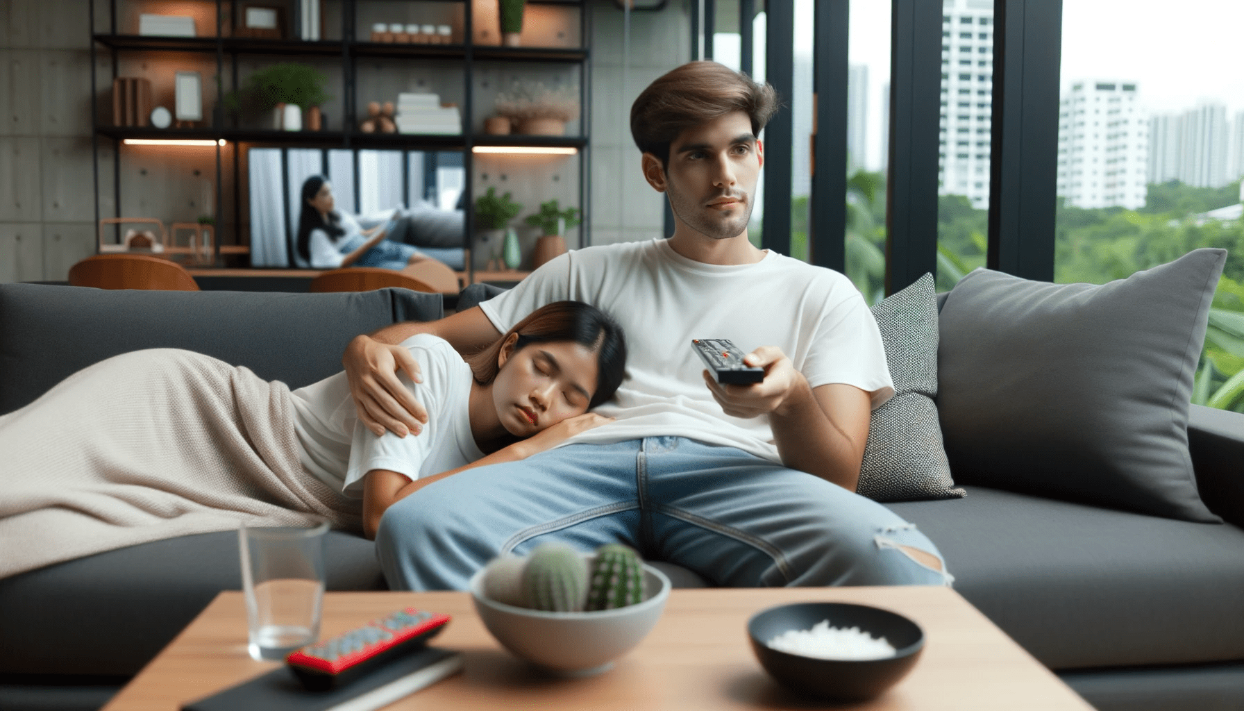 A young man is attentively watching TV holding a remote control while his girlfriend sleeps peacefu