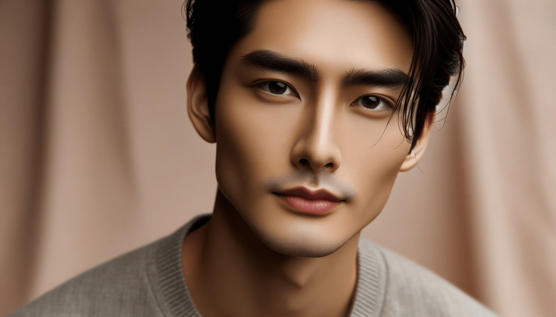 An Asian male with an alluring and handsome face. His slightly arched eyebrows prominent cheekbones and refined nose st