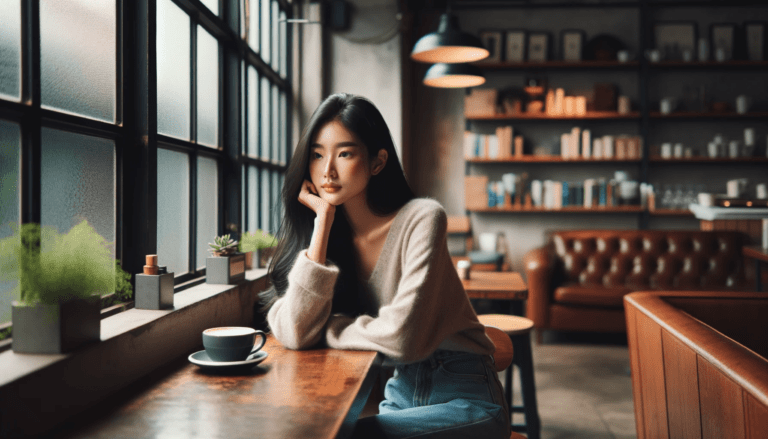 Asian woman in her 20s with long black hair sitting alone at a wooden table in a cozy coffee shop. She is in a refl