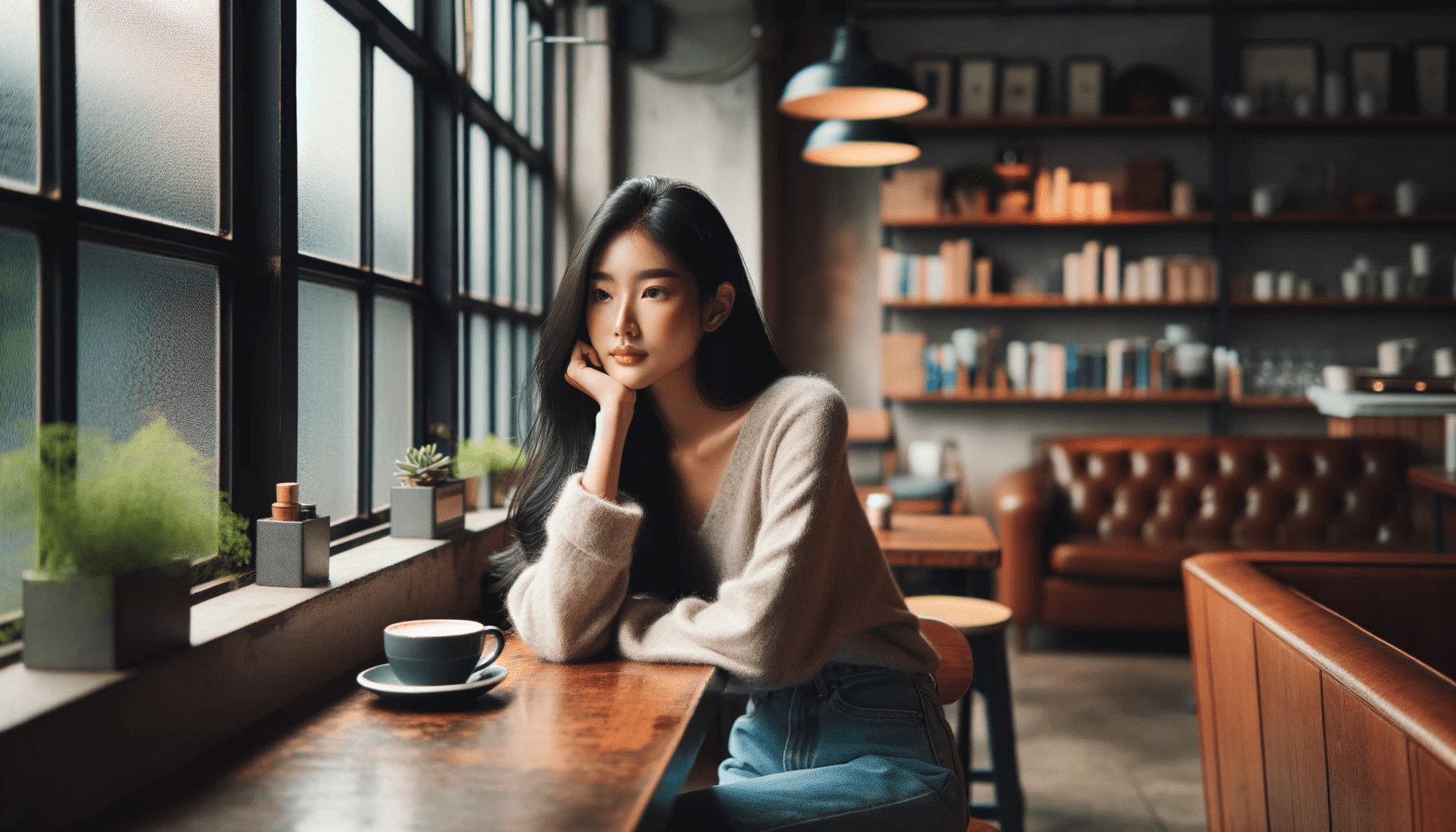 Asian woman in her 20s with long black hair sitting alone at a wooden table in a cozy coffee shop. She is in a refl
