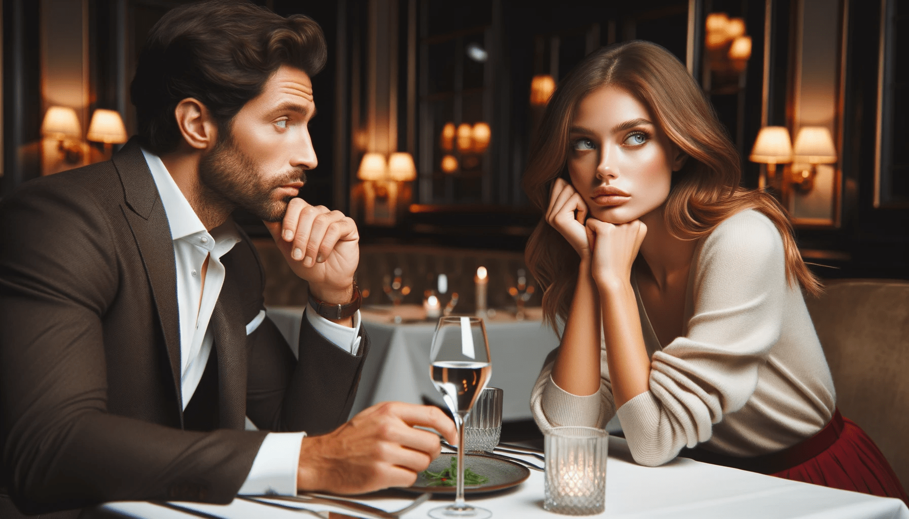 Beautiful couple at a sophisticated restaurant the man earnestly trying to engage in meaningful conversation but the womans g
