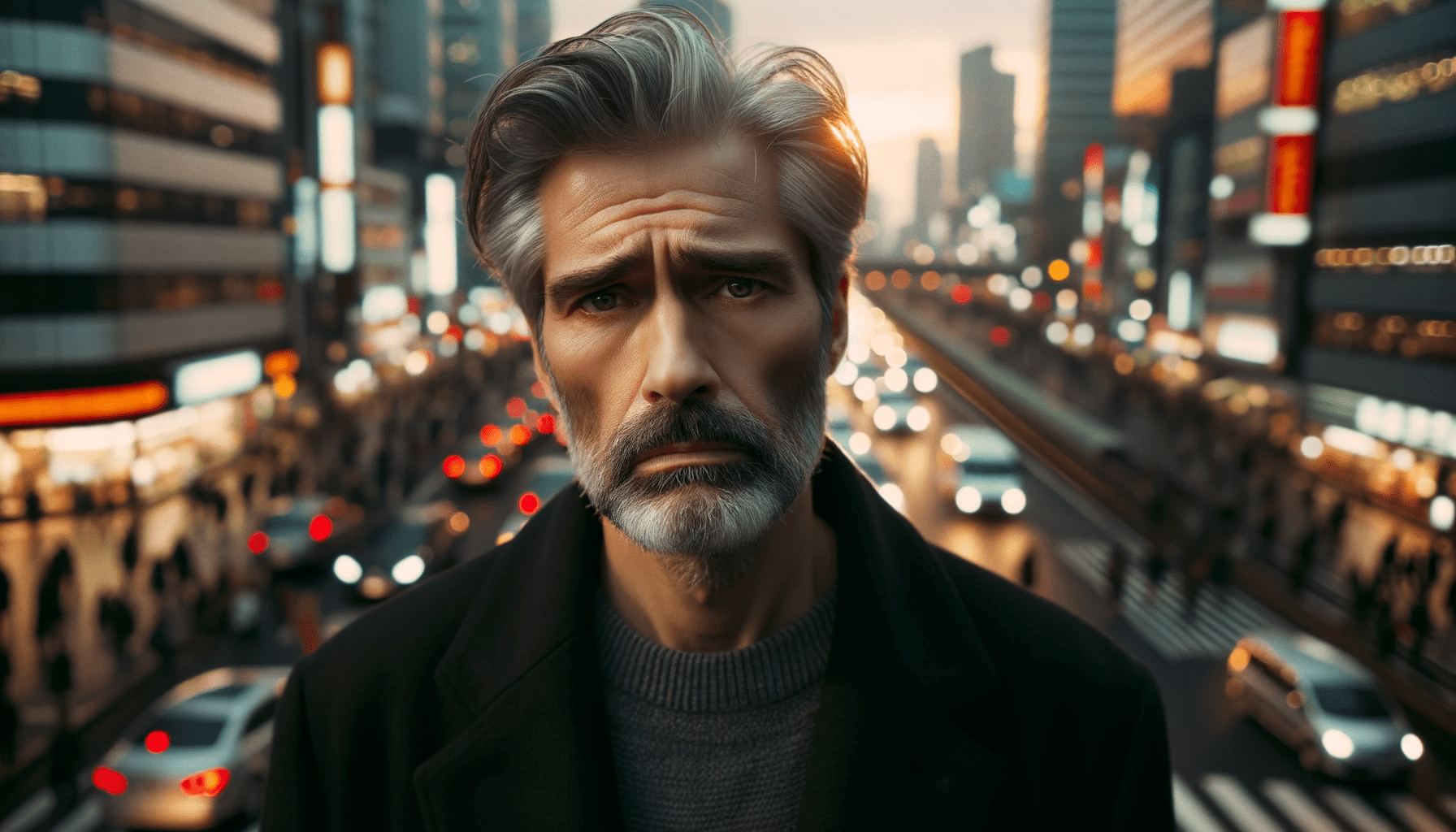 Caucasian male with greying hair stands in a bustling cityscape during sunset. The weight of lifes challenge