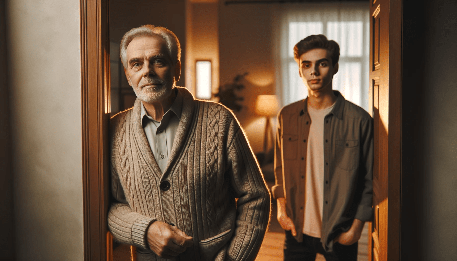 Elderly father of European descent standing inside a warmly lit house near an open door. His hand is down by his side and his middle aged