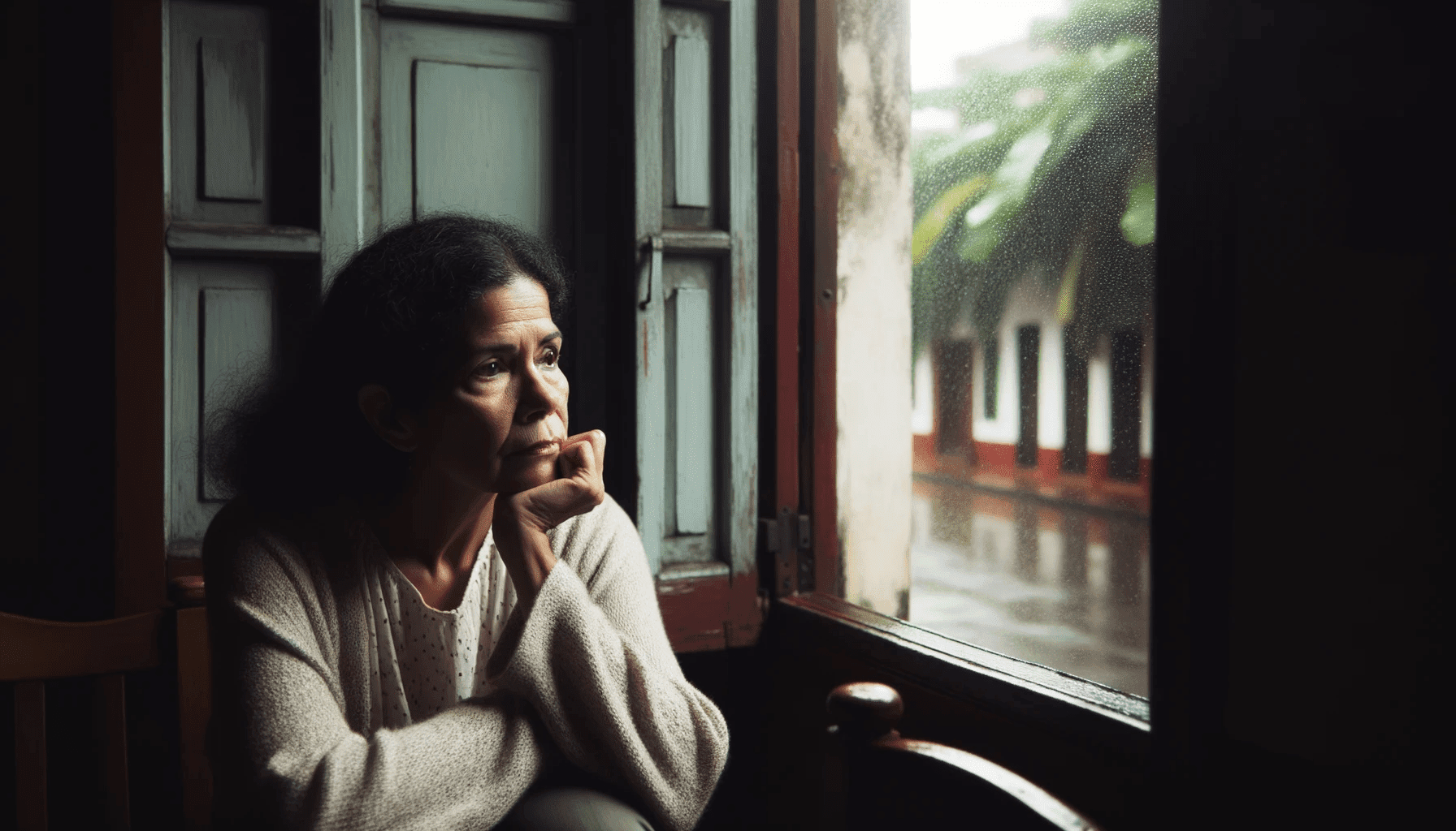 Latina female sits alone in a dimly lit room gazing out of a window with raindrops. Her expression is contempl