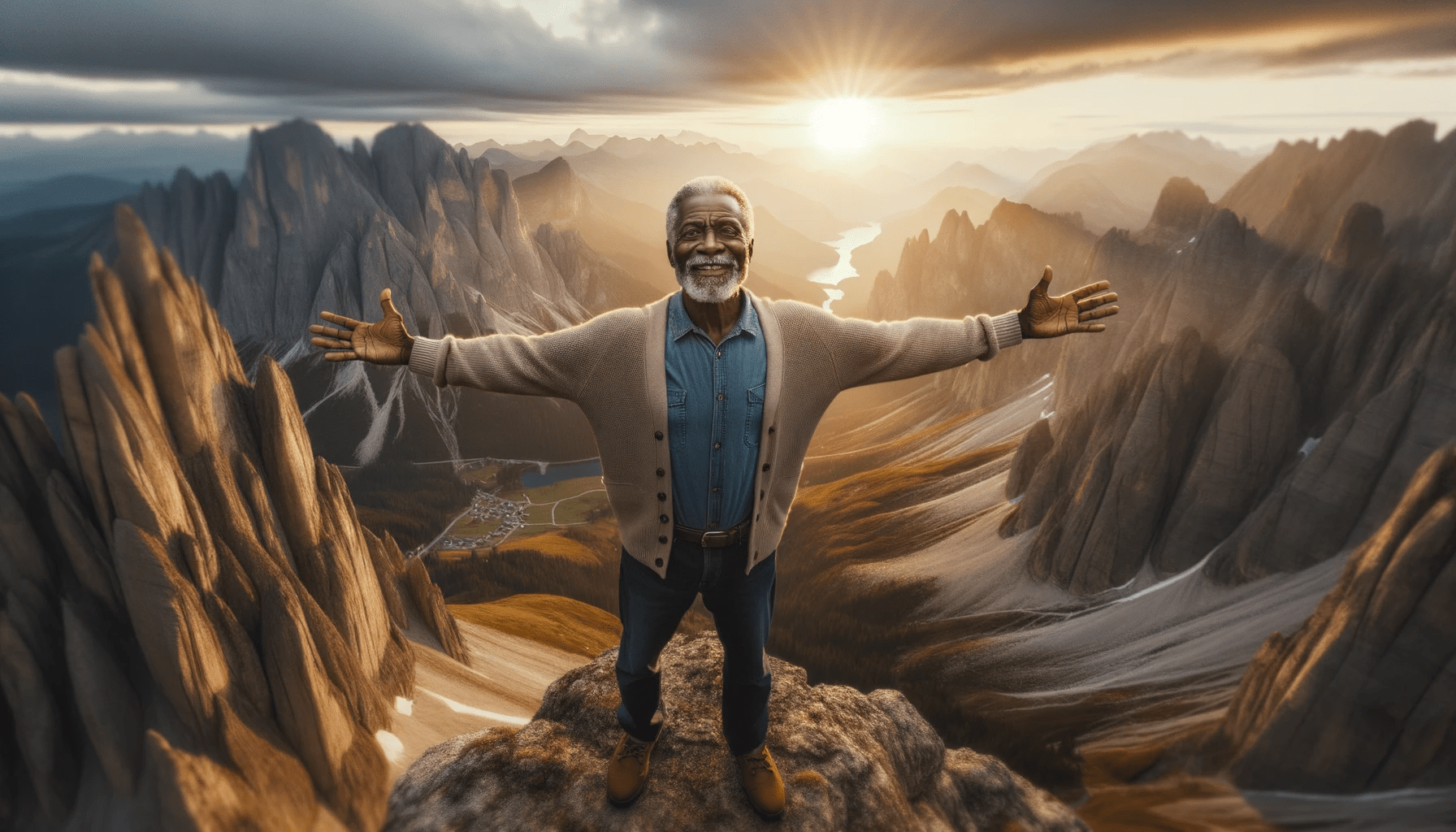 Photo in a mountainous setting  A vast landscape of majestic mountains with a golden sunrise illuminating the peaks. In the foreground a middle aged