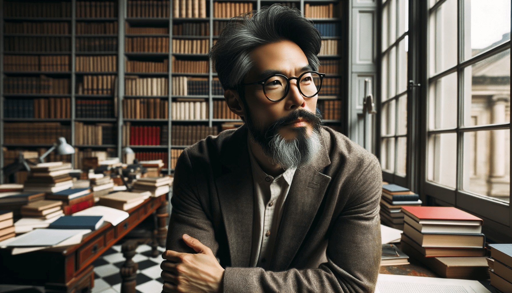 Photo in a scholars office  An Asian man with a salt and pepper beard and contemporary glasses is leaning against a desk gazing out of a window with