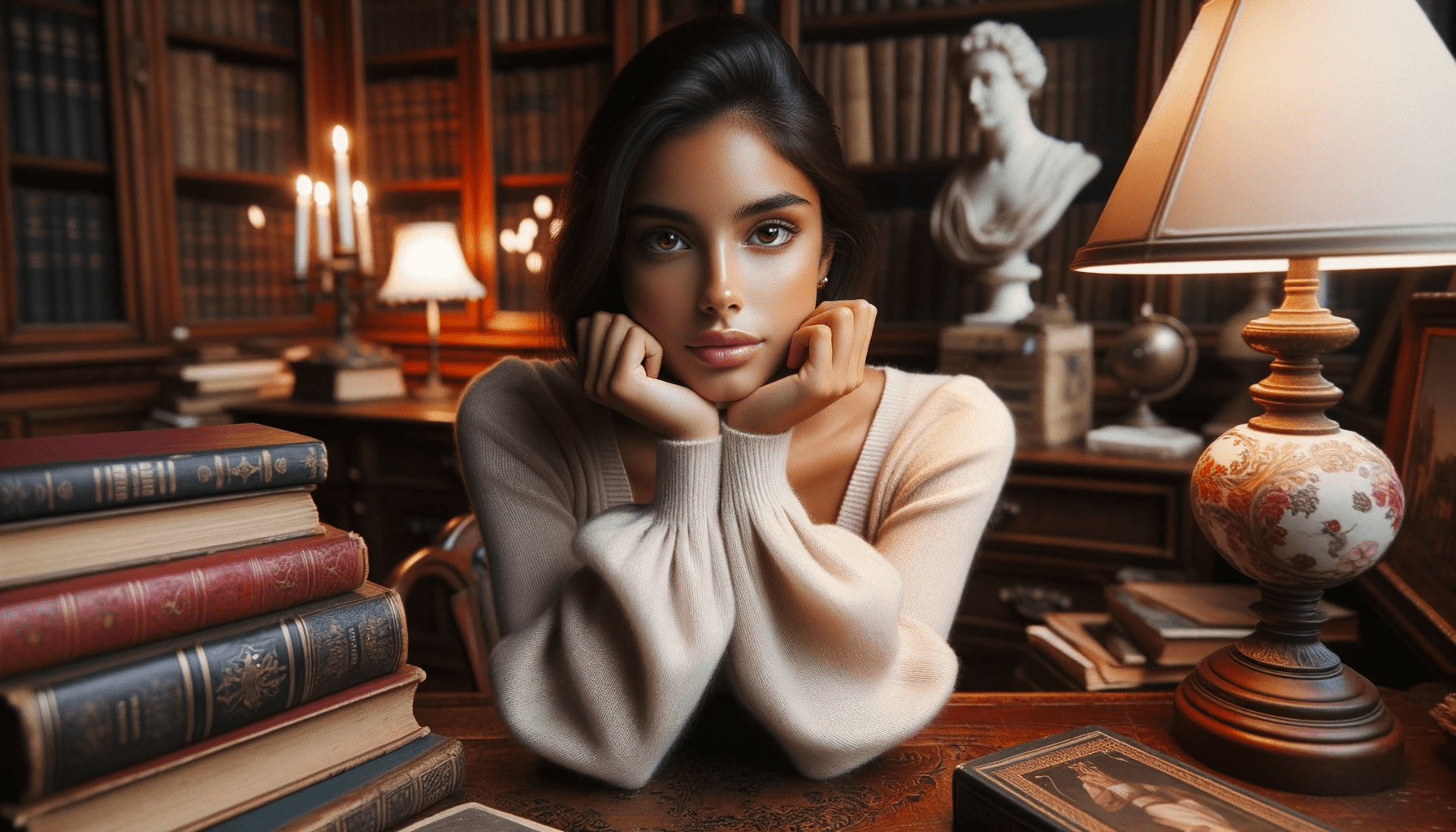 Photo in a vintage study room  A young attractive Latina female sits at an ornate wooden desk surrounded by classic literature and antique artifacts
