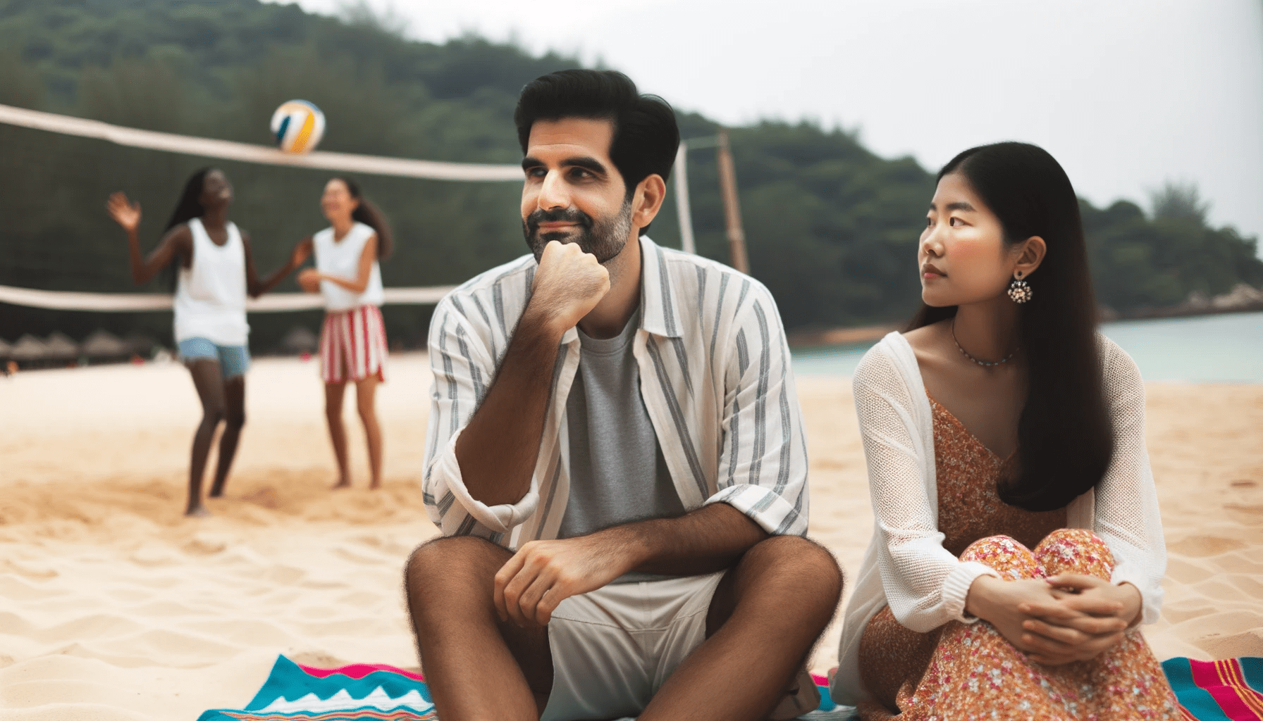 Photo of a diverse group of people at a beach. A Hispanic man is seated on a beach towel next to his South Asian girlfriend. Hes subtly checking out