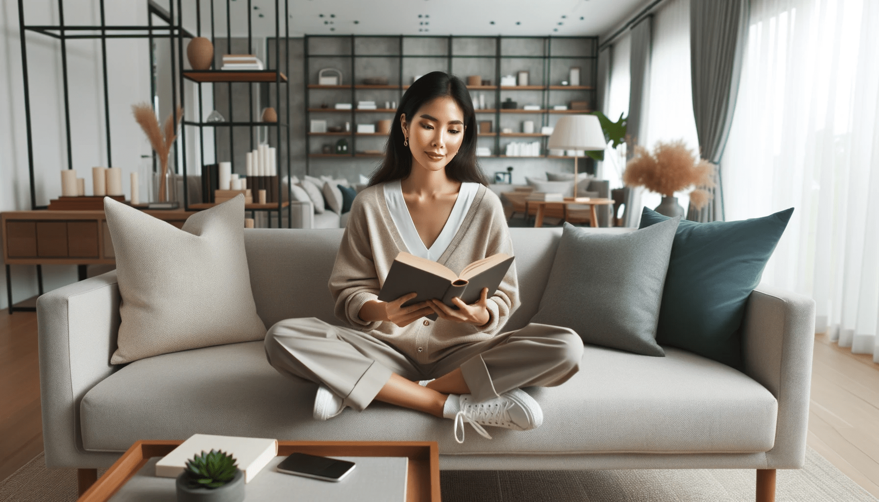 Photo of a good looking woman of Asian descent centered in a modern well lit living room reading a book on a chic sofa with minimalist decor surro
