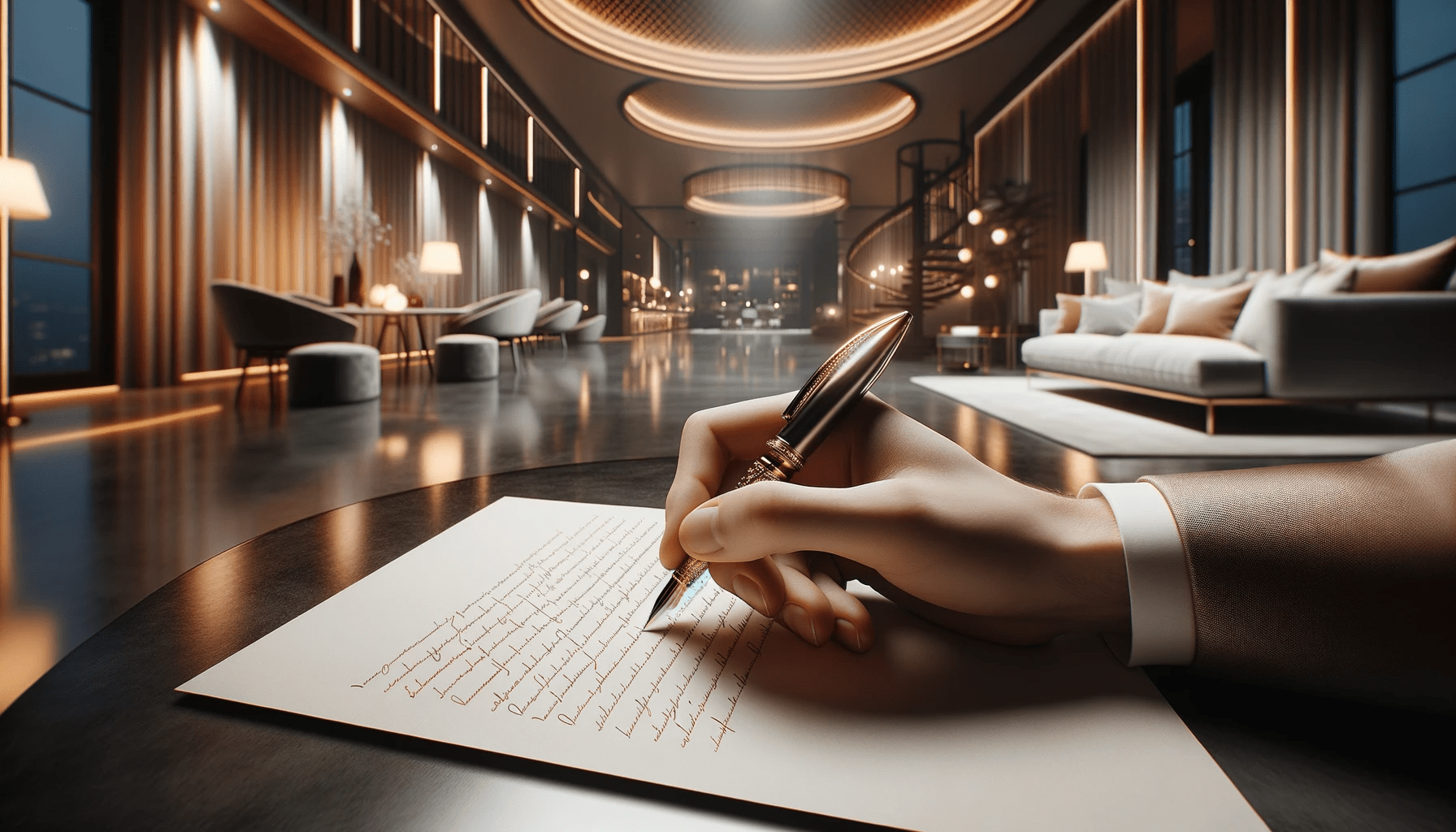 Photo of a hand holding a luxurious pen writing a love letter on a smooth paper. The backdrop is a room with modern interiors featuring a trendy tab