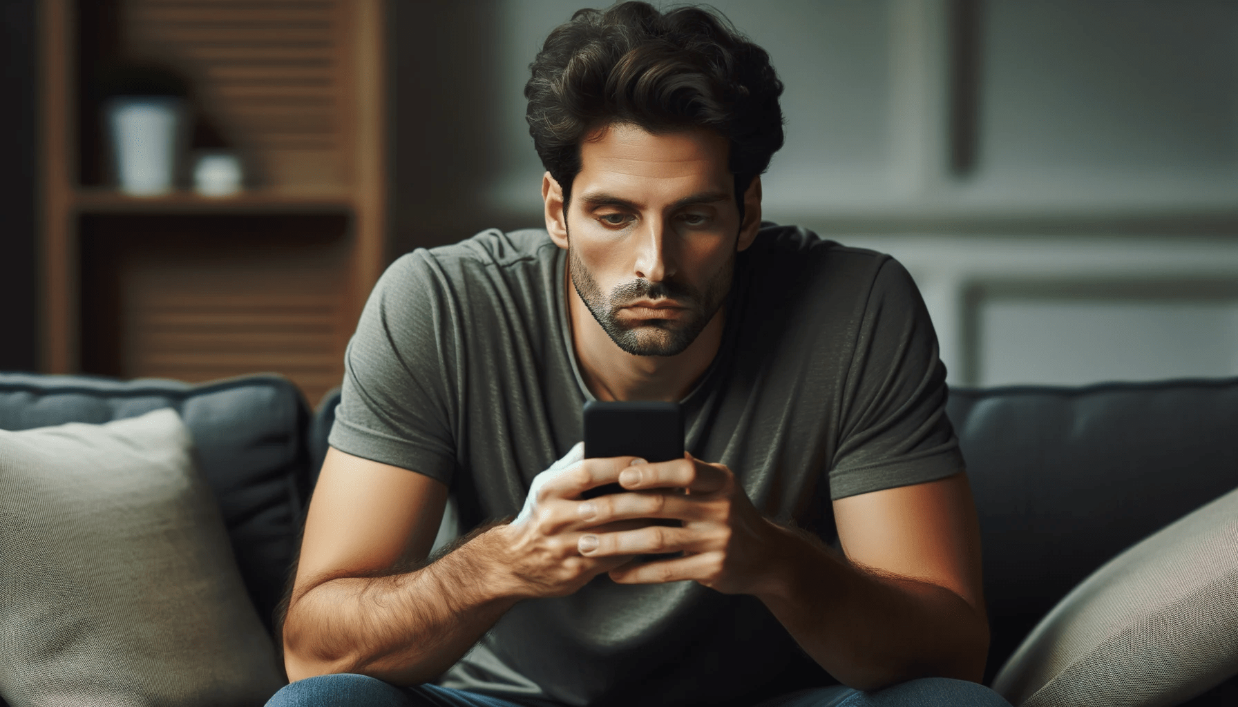 Photo of a man sitting on a couch engrossed in texting on his phone with a completely expressionless face portraying a sense of disintere