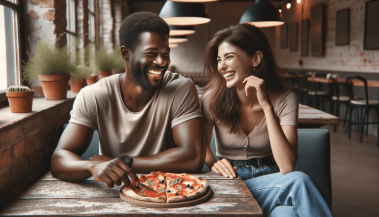 Photo of a man with dark complexion and a woman with medium complexion seated at a rustic wooden table in a casual cafe setting. Theyre both dressed