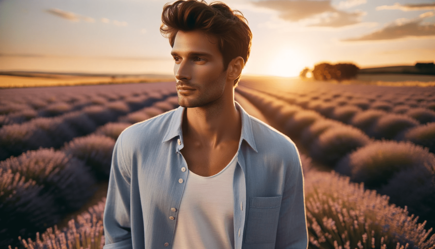 Photo of a man with medium complexion leisurely walking through a lavender field during sunset. The purple hues of the flowers and the golden sky crea