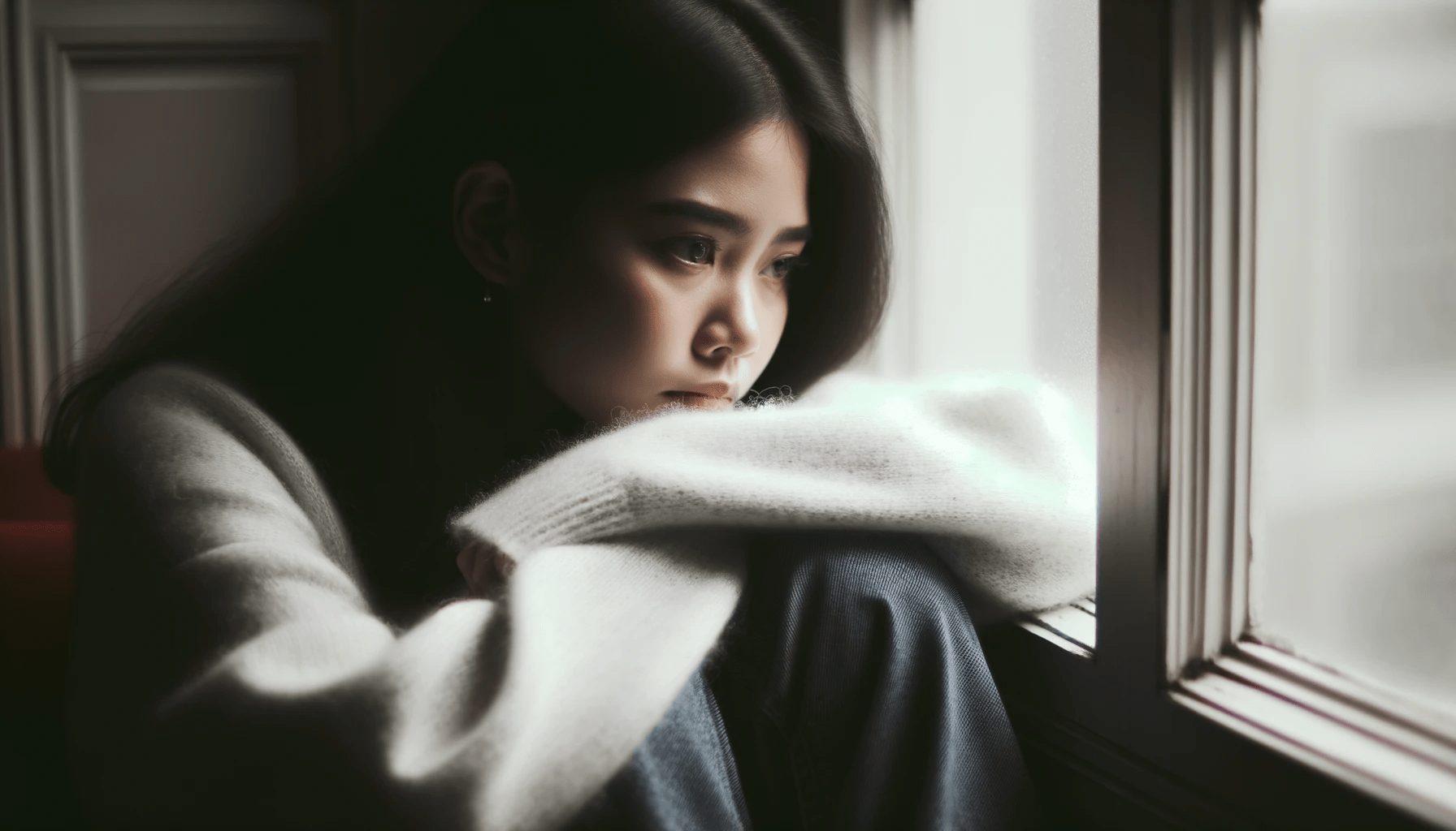 Photo of a melancholic woman sitting alone by a window her gaze directed outside with soft light casting a gentle glow on her face emphasizing her