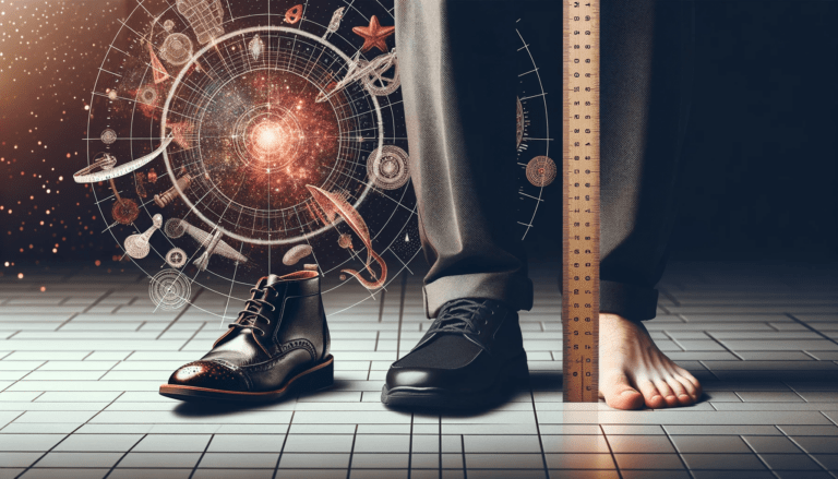 Photo of a pair of shoes placed next to a ruler symbolizing the height they add juxtaposed with a barefoot next to the same ruler highli