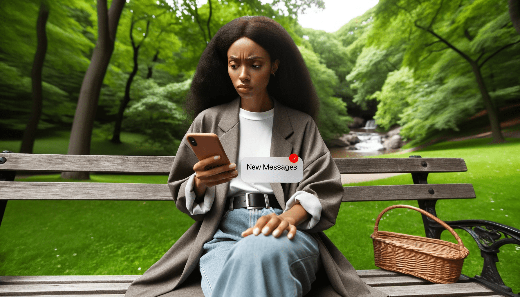 Photo of a park landscape with a diverse descent woman sitting on a bench. She glances at her phone displaying a new message notification and expres