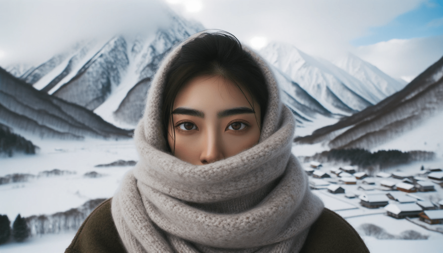 Photo of a snowy mountain backdrop. A person of East Asian descent with deep expressive eyes is wrapped in warm clothing their eyes standing out aga